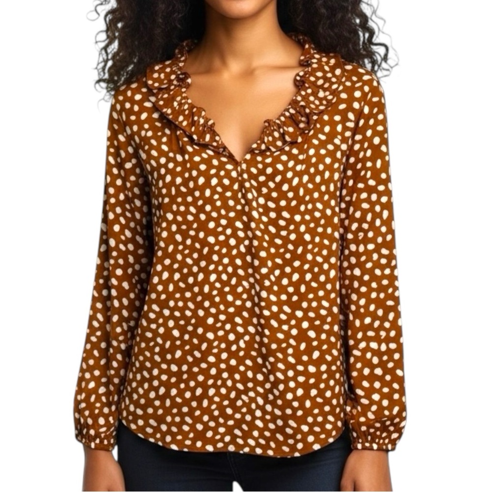 J Crew Rust Orange White Brushstroke Ruffle Neck Long Sleeve Oversized Blouse S